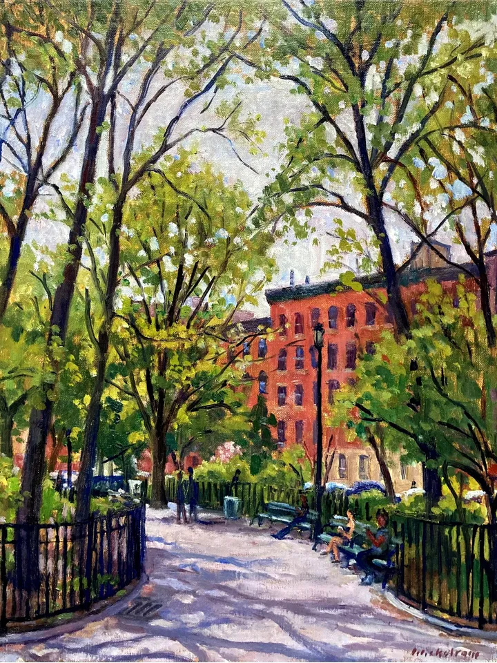 New York Cityscape Painting - From Tompkins Square Park/East Village NYC - 14x18 Oil on Canvas, Impressionist Landscape, Signed Original