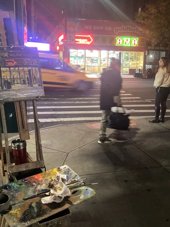 Papaya King/NYC Nocturne Painting - New York Cityscape, 10x10 Oil on Panel, Contemporary Realist Fine Art, Signed Original