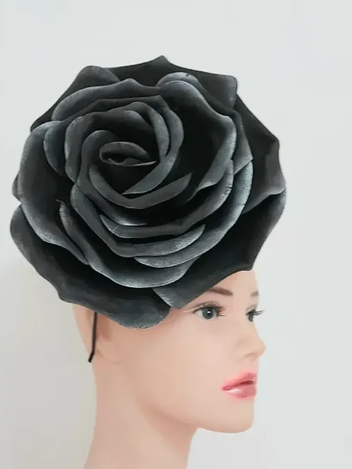 Black Snow Rose Fascinator Magic Flower Hair Clip Wedding Headband Church Hat Halloween Gothic style