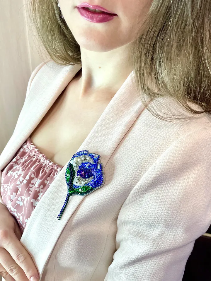 Beaded Flower Brooch, Handmade Embroidered Accessory, Pin Blossom in Blue Color with Half-moon Crescent, Moon Brooch