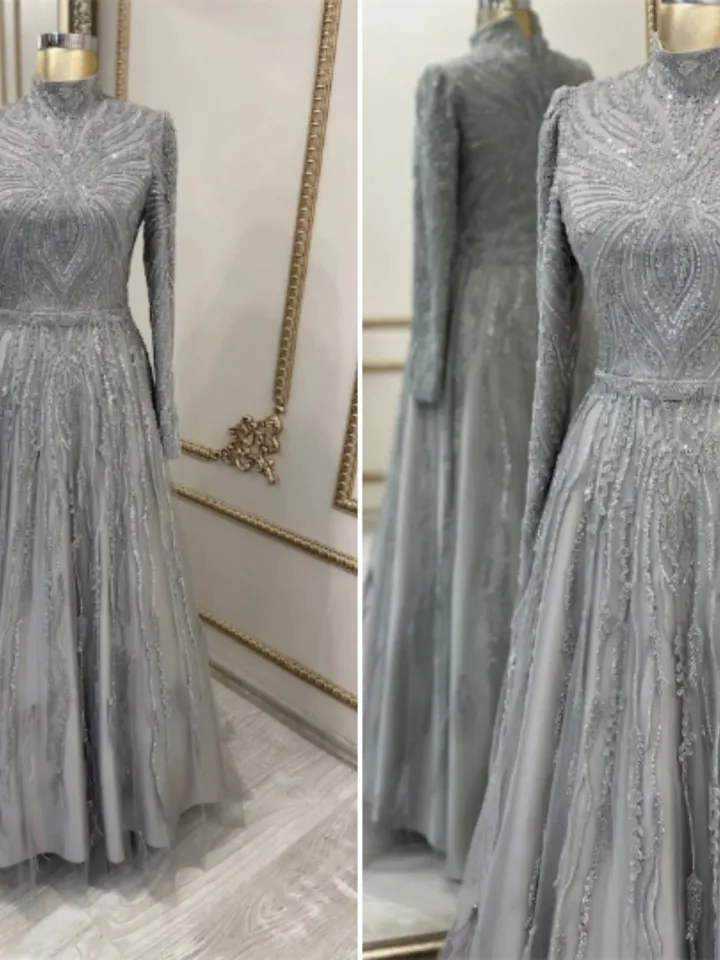 AHUNARE HIJAB - Hayal  Grey Embroidered Tulle  Wedding Dress, Muslim Evening Gown, Nikah, Islamic Wedding, Engagement, Bridesmaid,
