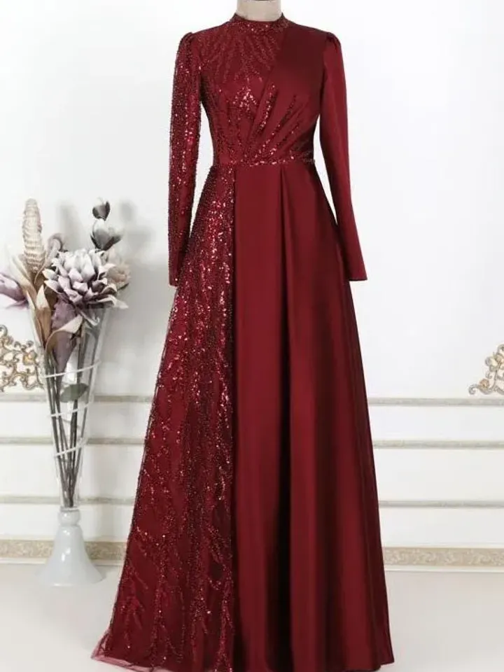 AHUNARE HIJAB - Sultan Burgundy Satin Embroiedered Wedding Dress, Muslim Evening Gown, Nikah, Islamic Wedding, Engagement, Bridesmaid,