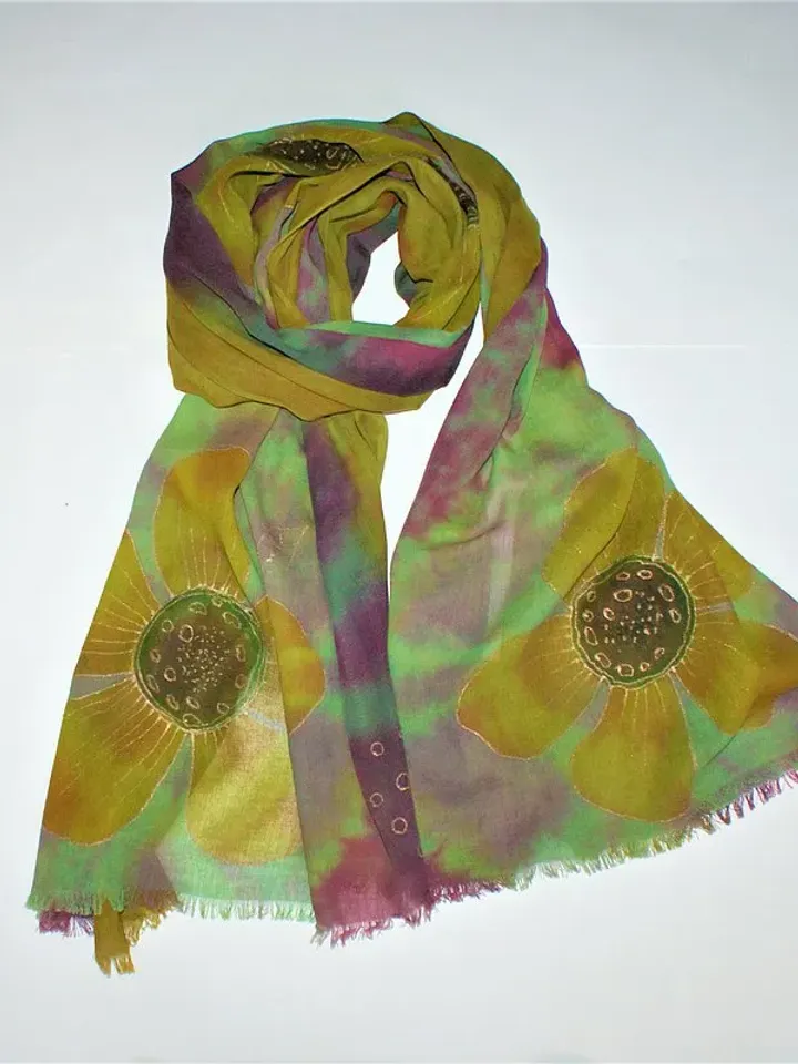 Green yellow cotton floral scarf Womens cotton long scarf Hand dyed scarf