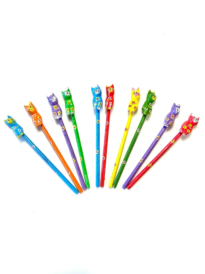 A Set of 2 Cat Theme Painted Pencils | Back To School or Office Gift | Cat Party Favor