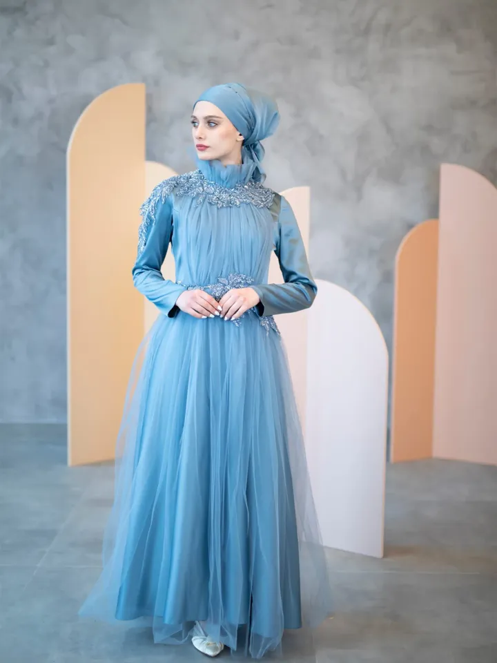 AHUNARE HIJAB - Rosa Blue Tulle Wedding Dress, Muslim Evening Gown, Nikah, Islamic Wedding, Engagement, Bridesmaid,