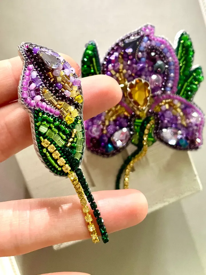 Iris Set of Beaded Brooches, Handmade Embroidered Accessory, Pin Flower of Purpel and Golden Colors, Flower Brooch