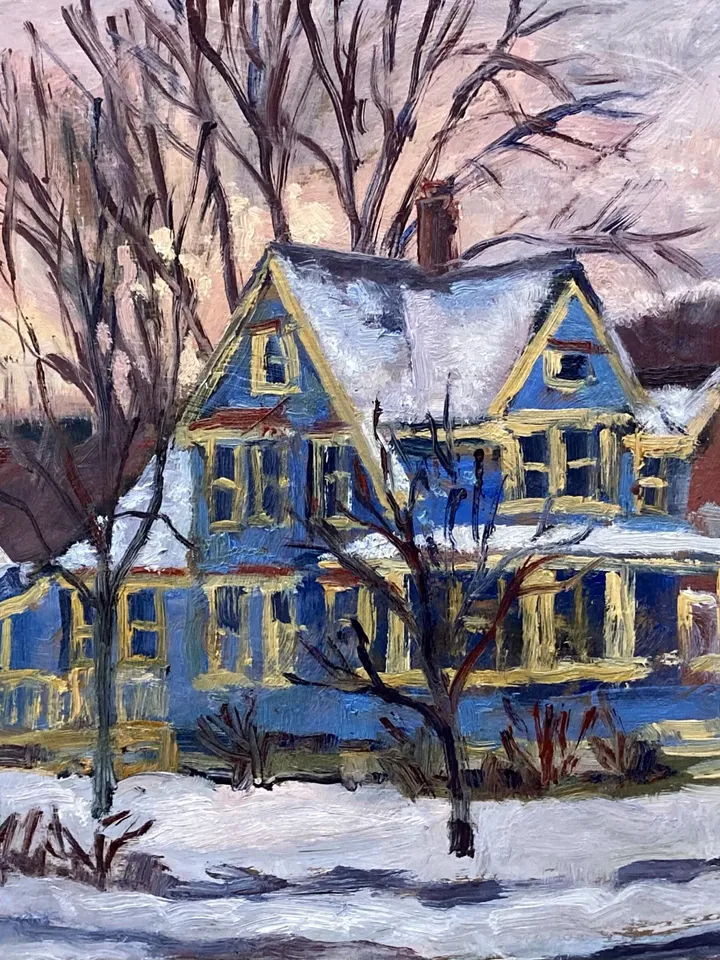 Winter Landscape Painting - Snowy Houses/Berkshires - 8x10 Oil on Panel, Impressionist Snow Scene, Signed Original American Fine Art