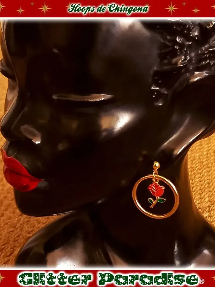 Hoops de Chingona - Earrings - Hoops and Red Rose - Rose Love - Gold Hoops & Rose - Latina Hoops - Latina Love Jewelry - Glitter Paradise®