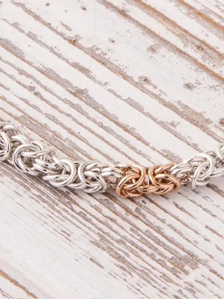 Sterling Silver With 14K Red and Yellow Gold Byzantine Bracelet