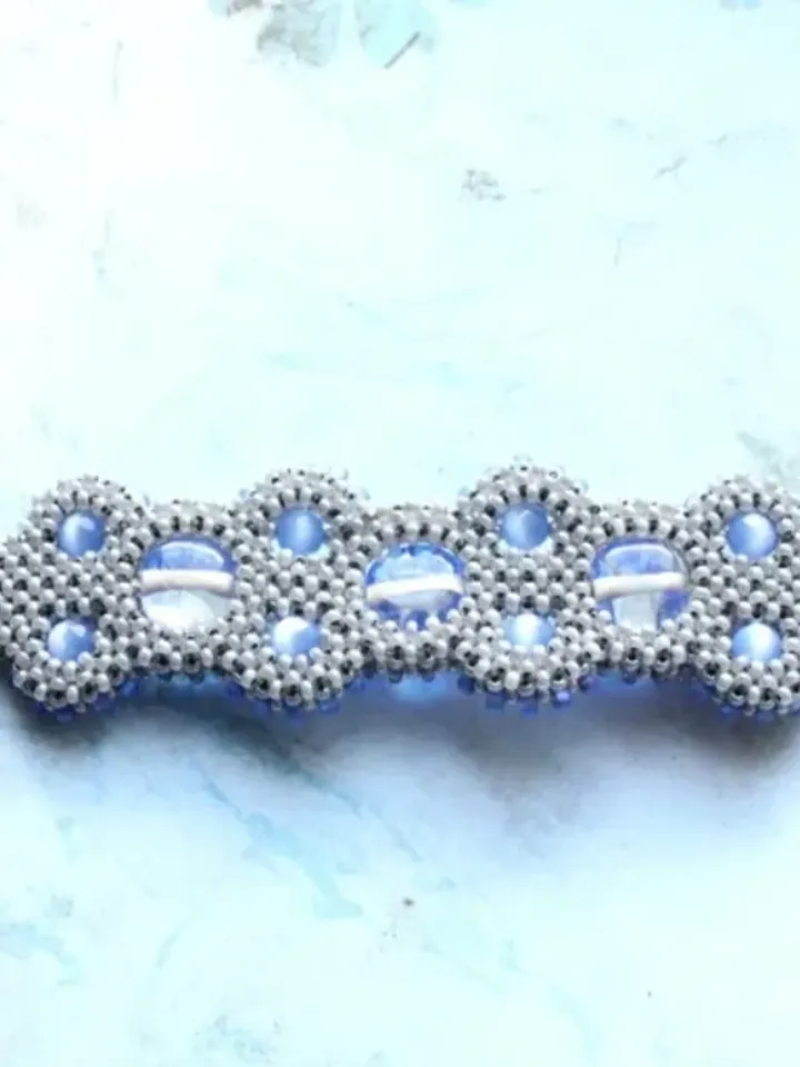 Gray blue cuff flower bracelet lampwork beads beaded bracelet