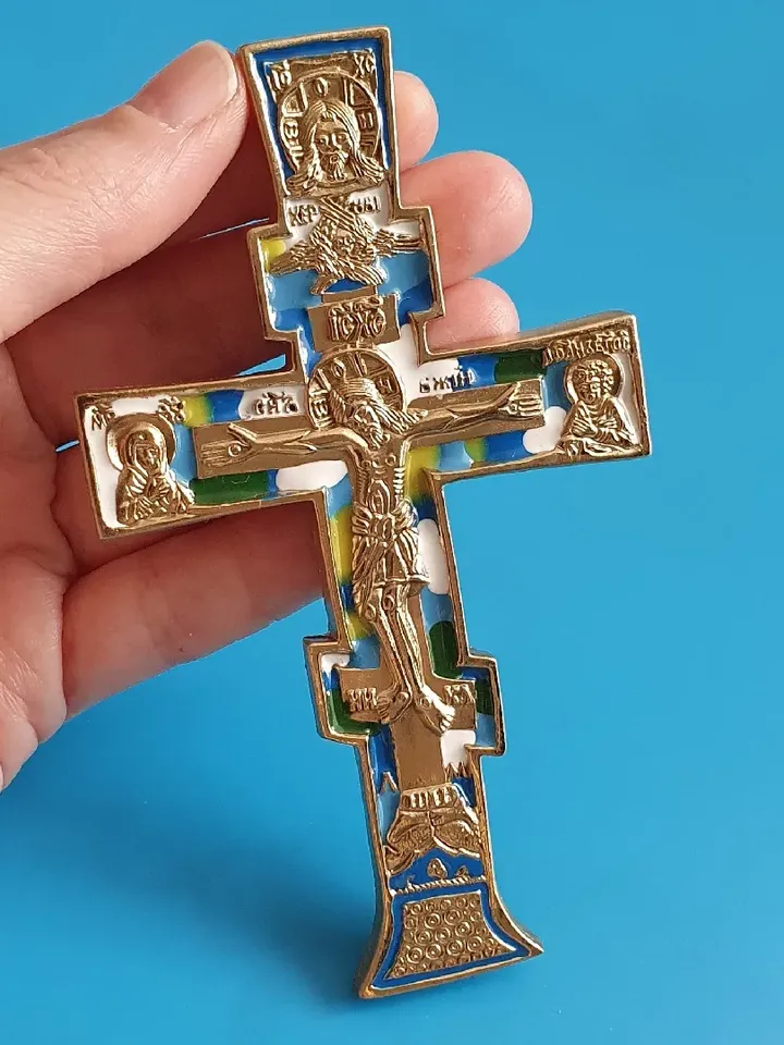 Orthodox cross ancient cross of 19 century brass enamel free shipping