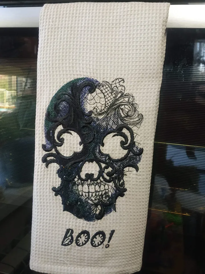 Halloween scull embroidered waffle towel, embroidered kitchen towels, scull kitchen towel, hanging dish towel, halloween