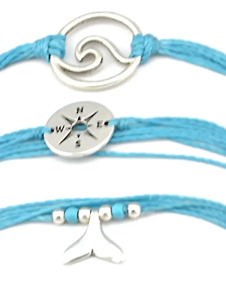Wave Stackable String Bracelet Set, Compass Rose Whale Tail Ocean Surfer Jewelry, Waterproof Beachy Bracelet Stack for Men Women Teens