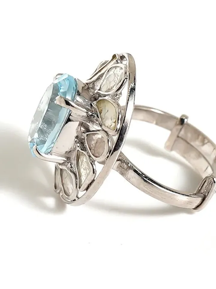 Natural Blue Topaz Ring, Polki Diamond Ring, Adjustable Ring, Engagement Ring, Art Deco Ring, Wedding Gift, Anniversary Gift, Solitaire Ring