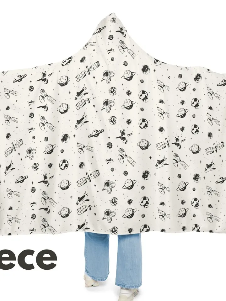 Space Pattern Hooded Blanket | Fleece/Sherpa Lining Snuggle Blanket, Hood Throw Blanket, Home Decor, Science Fiction Space Blanket
