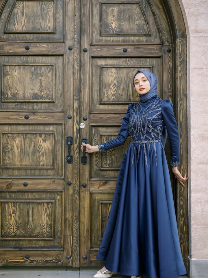 AHUNARE HIJAB - Suyolu  Navy Blue Embroidered  Satin Wedding Dress, Muslim Evening Gown, Nikah, Islamic Wedding, Engagement, Bridesmaid,