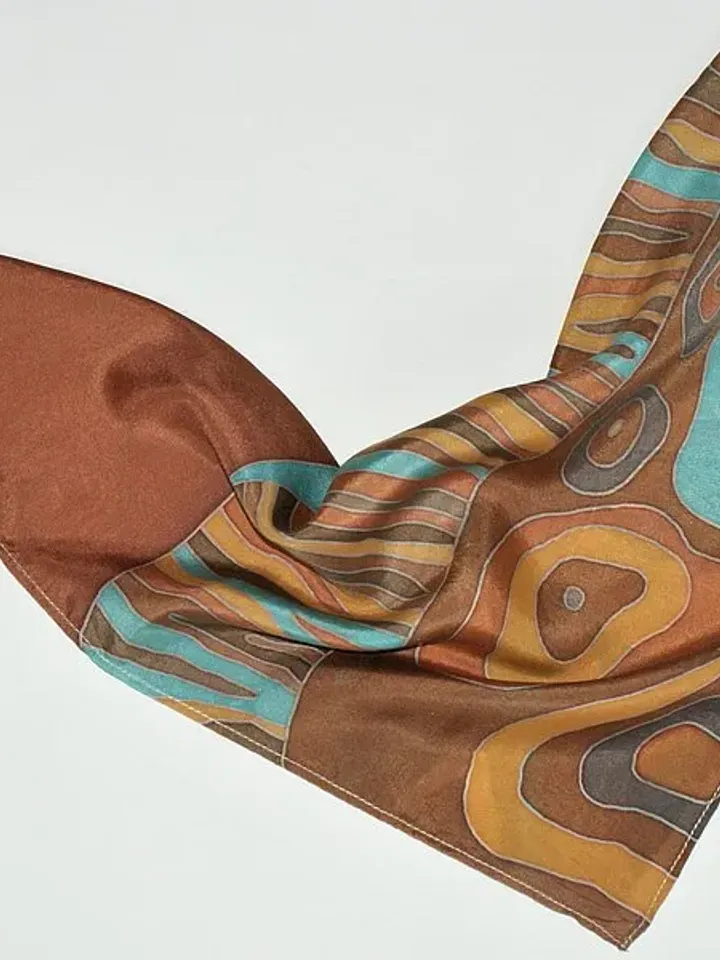 Brown with turquoise silk scarf hand painted batik Small square silk scarves