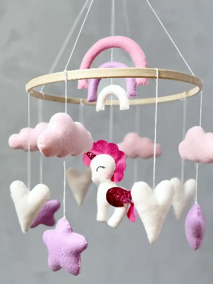 Pink unicorn baby girl crib mobile. Rainbow baby mobile girl. Rainbow unicorn nursery decor girl