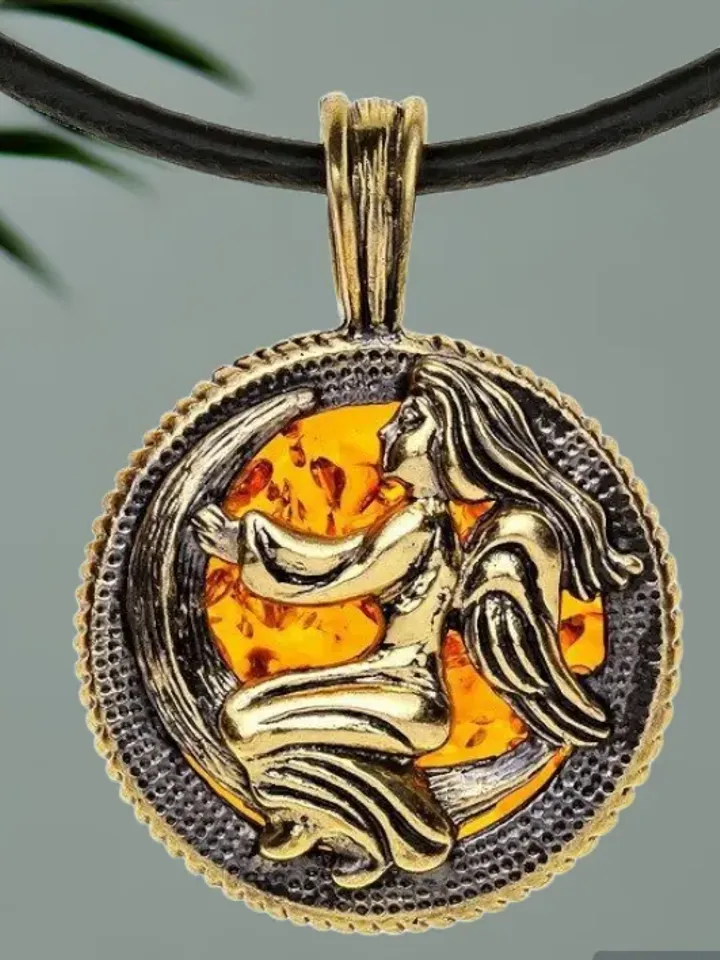 Virgo Zodiac Pendant Necklace Gold Black Brass and Amber Pendant Virgo horoscope jewelry gift for men women
