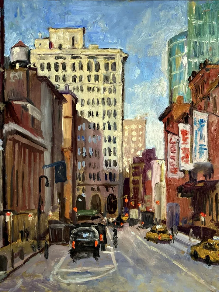 New York Cityscape Painting - Up Lafayette/The Public Theater/NYC - 12x12 Oil on Panel, Impressionist Landscape, Signed Original Fine Art