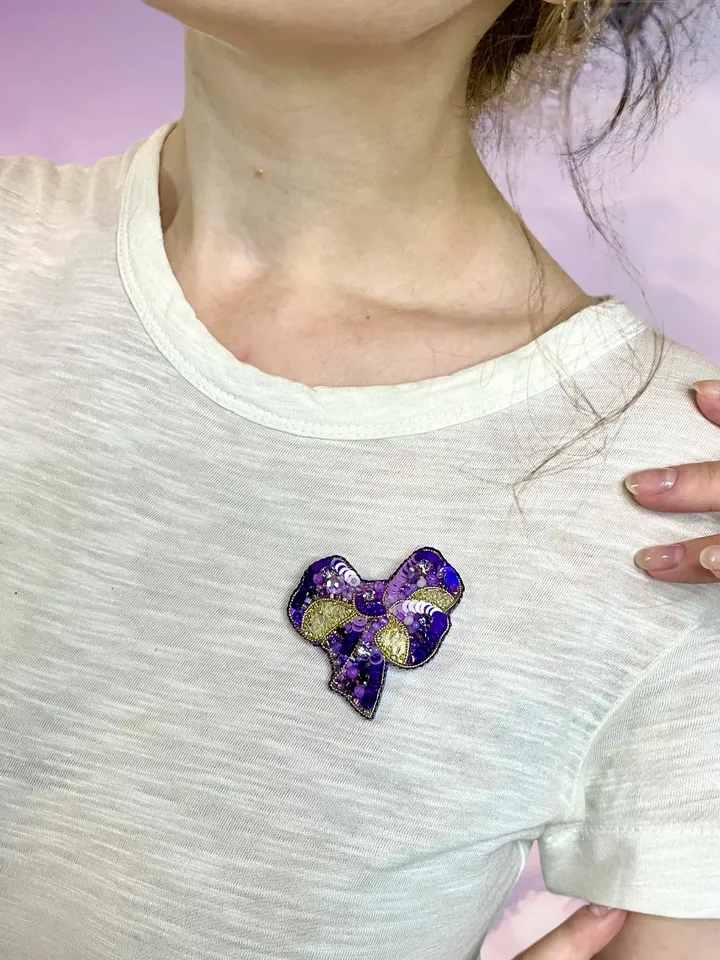 Beaded Brooch Exquisite Purple Bow In Gold, Handmade Embroidered Jewelry, Delicate Brooch, Pin Purple, Embroidery