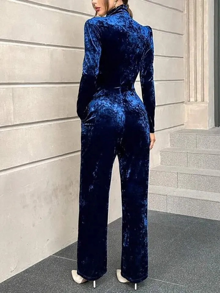 Royal Blue Velvet Mock Neck Long Sleeve Cut Out Front Pocket Wide Leg Jumpsuit Women Ladies