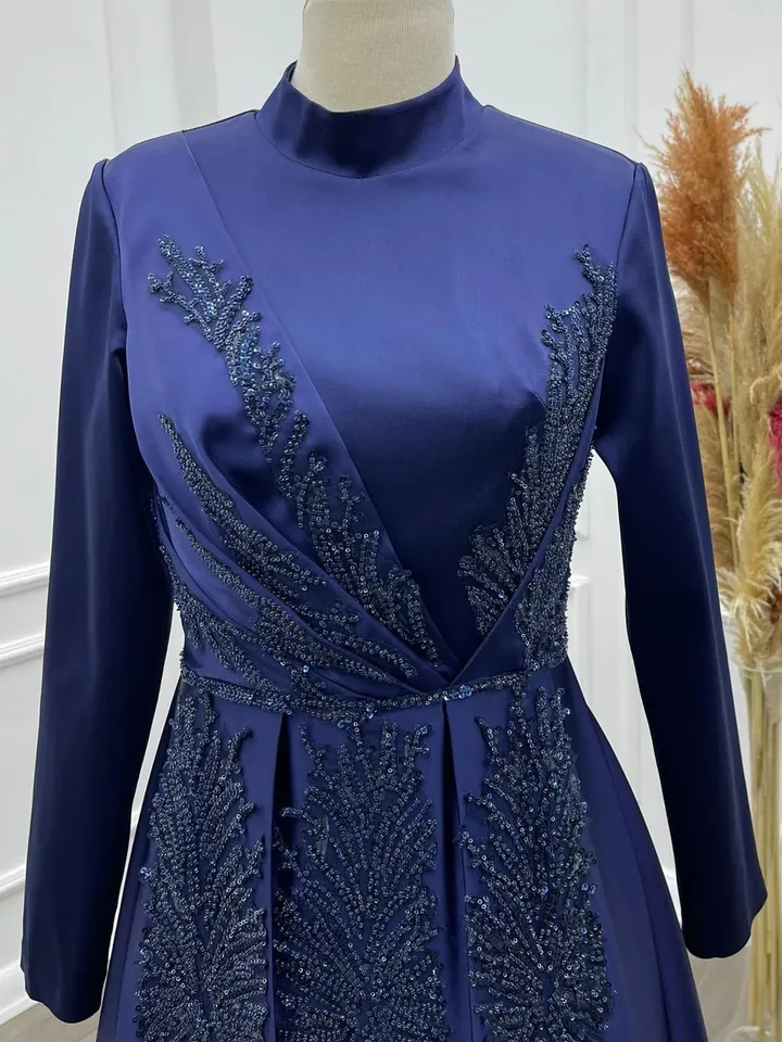 AHUNARE HIJAB - Sude  Navy Blue Embroidered Wedding Dress, Muslim Evening Gown, Nikah, Islamic Wedding, Engagement, Bridesmaid,