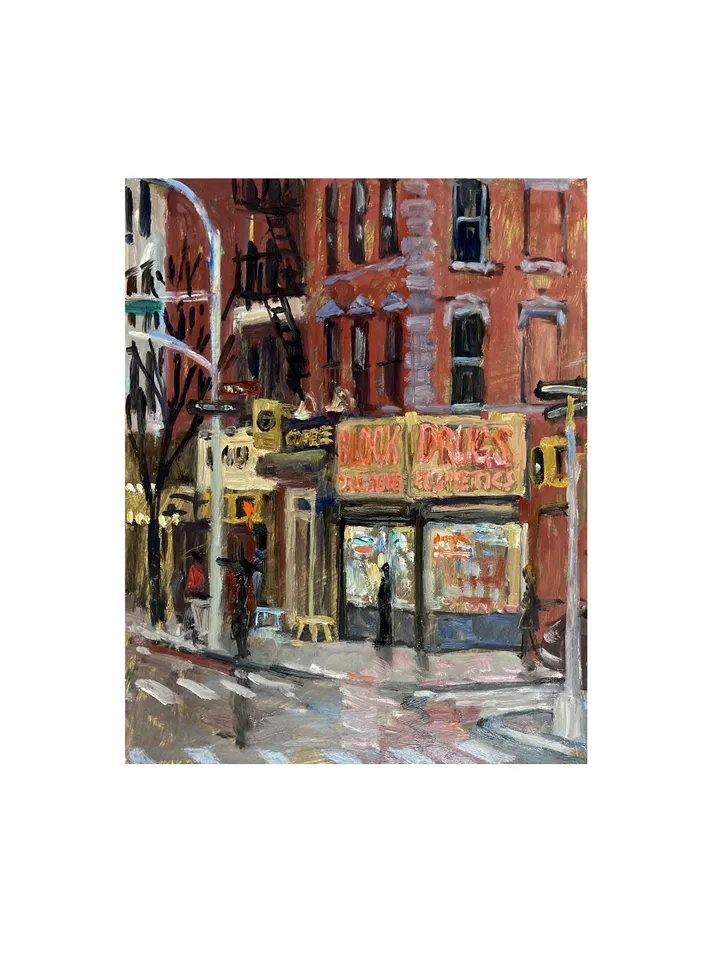 8x10 New York City Night Scene Painting - Block Drugs/NYC Nocturne- Oil on Panel, Urban Impressionism,Signed Original East Village Cityscape