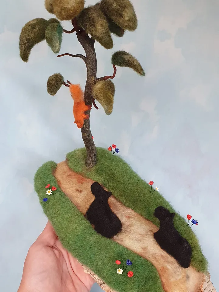 Scotch terrier, squirrel, walk in the woods, diorama with dogs, miniature scotty and squirrel, pine, dry felting composition