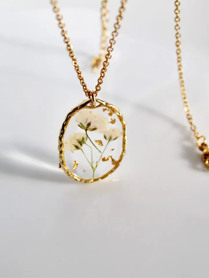 Gold  Baby's Breath necklace Resin Pressed flowers