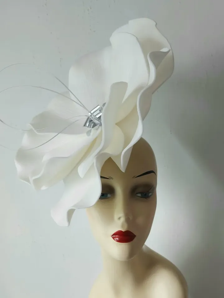 Large flower fascinator White bridal headband Mirror bloom wedding accessory Church Hat custom hat design 2024