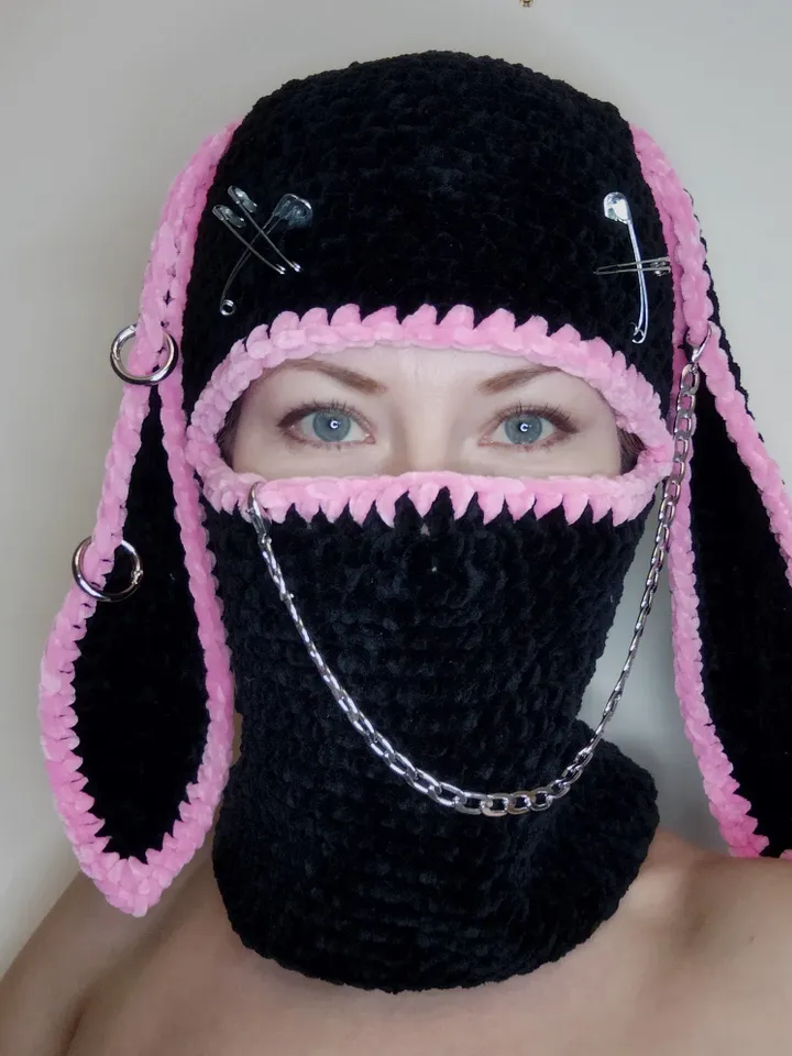 Pink black bunny balaclava Bunny kigurumi hat Sexy balaclava hat Crazy bunny hat crochet Halloween full face cover