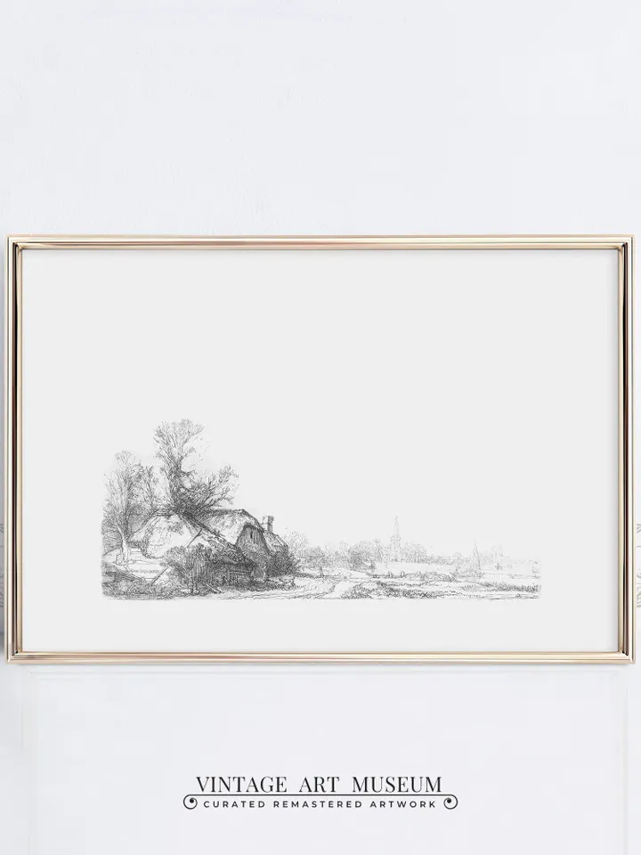 House English Cottage Sketch Vintage Print, Minimalist Landscape PRINTABLE Artwork, Digital Wall Decor | 192