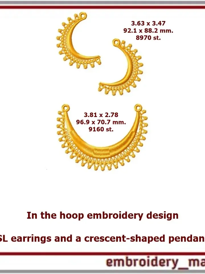 ITH FSL embroidery design earrings and a crescent shaped pendant 2