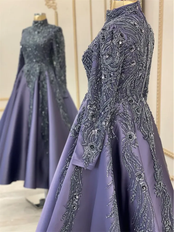 AHUNARE HIJAB - Lal Navy Blue Embroidered Wedding Dress, Muslim Evening Gown, Nikah, Islamic Wedding, Engagement, Bridesmaid,