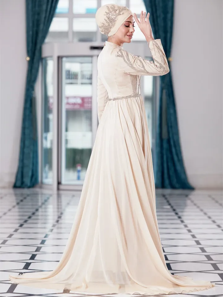 AHUNARE HIJAB - Dila  Cream Chiffon  Wedding Dress, Muslim Evening Gown, Nikah, Islamic Wedding, Engagement, Bridesmaid,