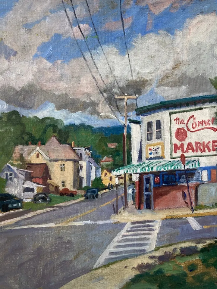 American Landscape Painting - The Corner Market - 18x18 Oil on Linen, Plein Air Impressionist Cityscape, Signed Original Fine Art