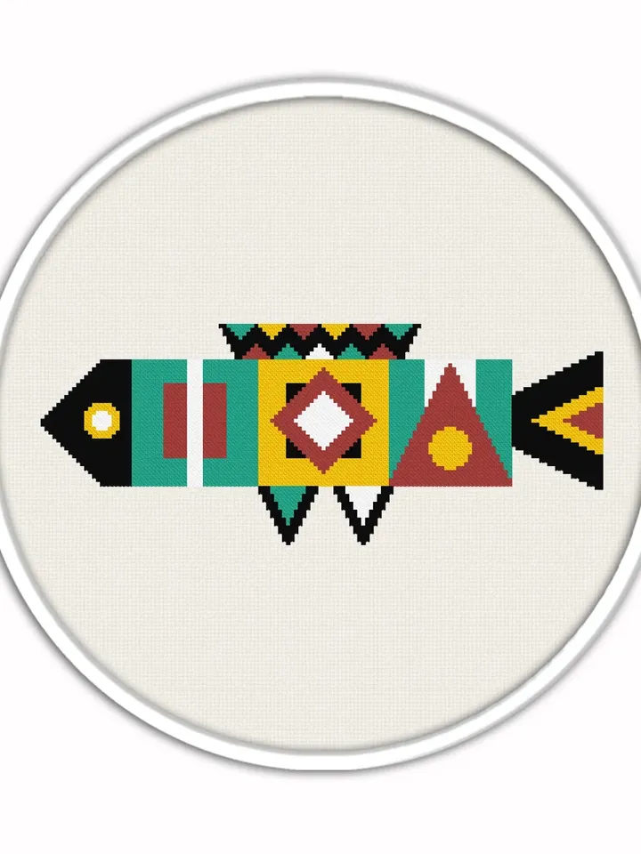 Abstract fish cross stitch pattern. Scandi cross stitch pattern. Folk cross stitch pattern.