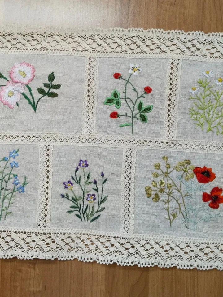 Beautiful table napkin or wall hanging with embroidery flowering herbs, pure, raw, thick, linen. Hand embroidery.