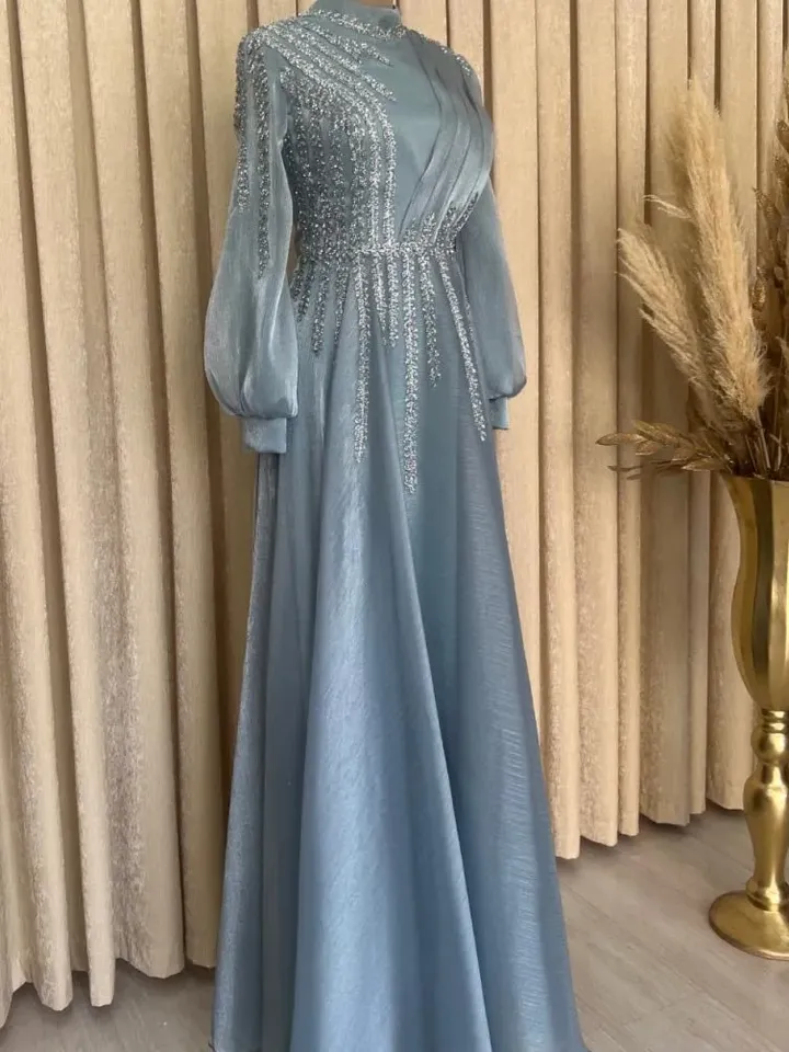 AHUNARE HIJAB - Çağla Aqua Glitter Chiffon Princess Wedding Dress, Muslim Evening Gown, Nikah, Islamic Wedding, Engagement, Bridesmaid,