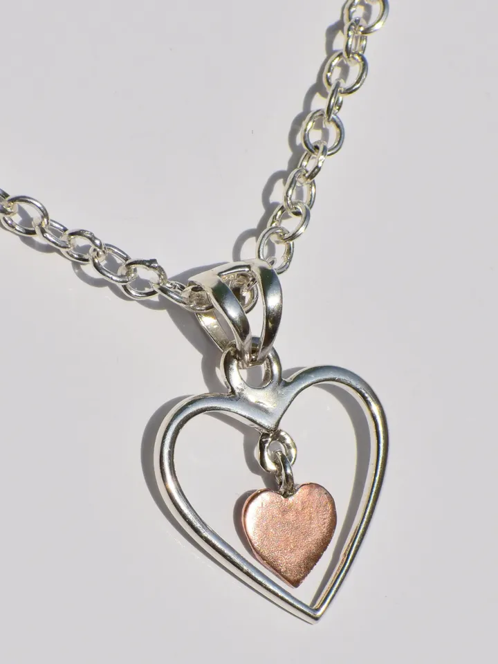 Hollow Silver Heart Necklace, Copper Heart In Silver Heart Necklace, Sterling Silver Necklace, Handmade Pendant, Pendant With Silver Chain
