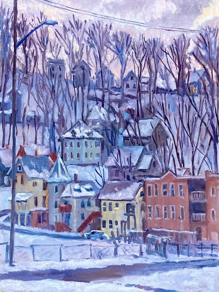 Original Landscape Painting - Winter Light/North Adams - 12x16 Oil on linen, Impressionist Snow Scene, American Cityscape Fine Art