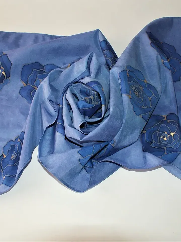 Silk cotton blend scarf Hand painted scarf Indigo blue scarf wrap Floral scarves