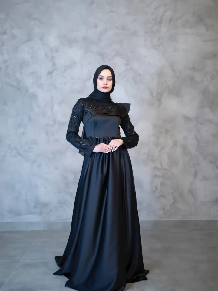 AHUNARE HIJAB - Mahra Black Satin Wedding Dress, Muslim Evening Gown, Nikah, Islamic Wedding, Engagement, Bridesmaid,