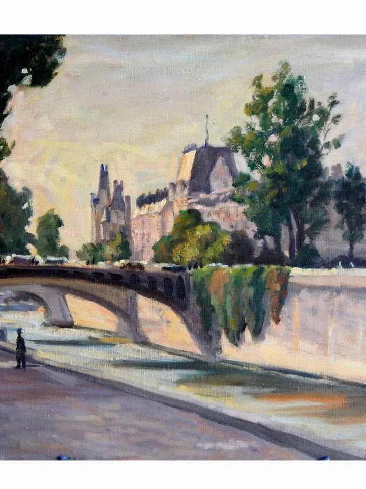 Original Paris Landscape Painting - The Seine - 15x21 Oil on Canvas, Plein Air Impressionism, Signed Original Vintage Fine Art 1985