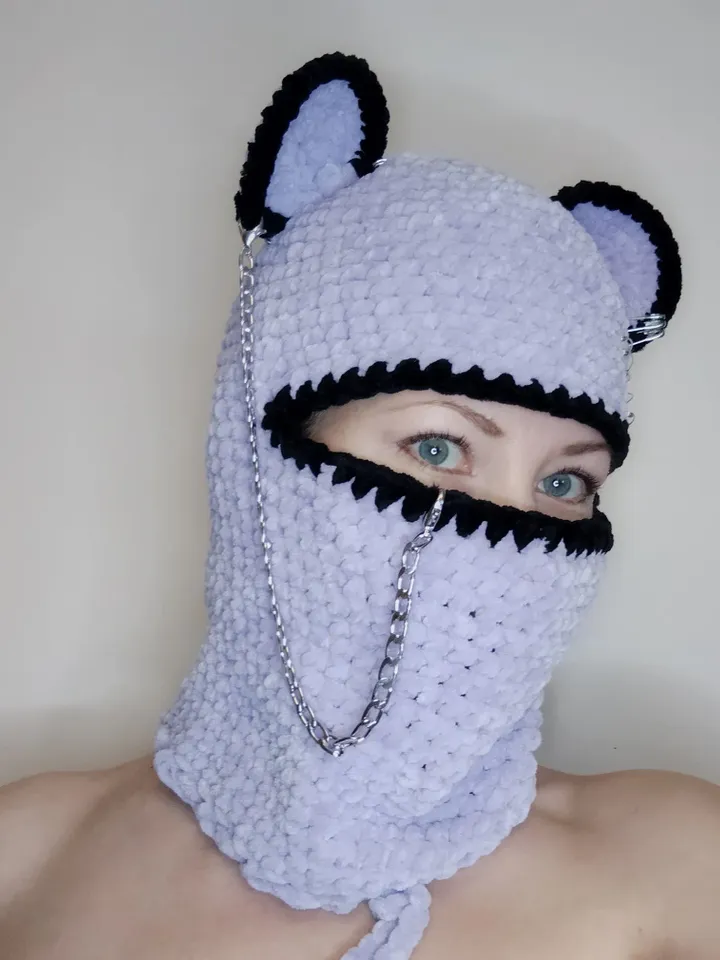 Pastel goth balaclava crochet Fluffy bear balaclava with chain Teens trendy balaclava Crazy bear balaclava hsnd knit