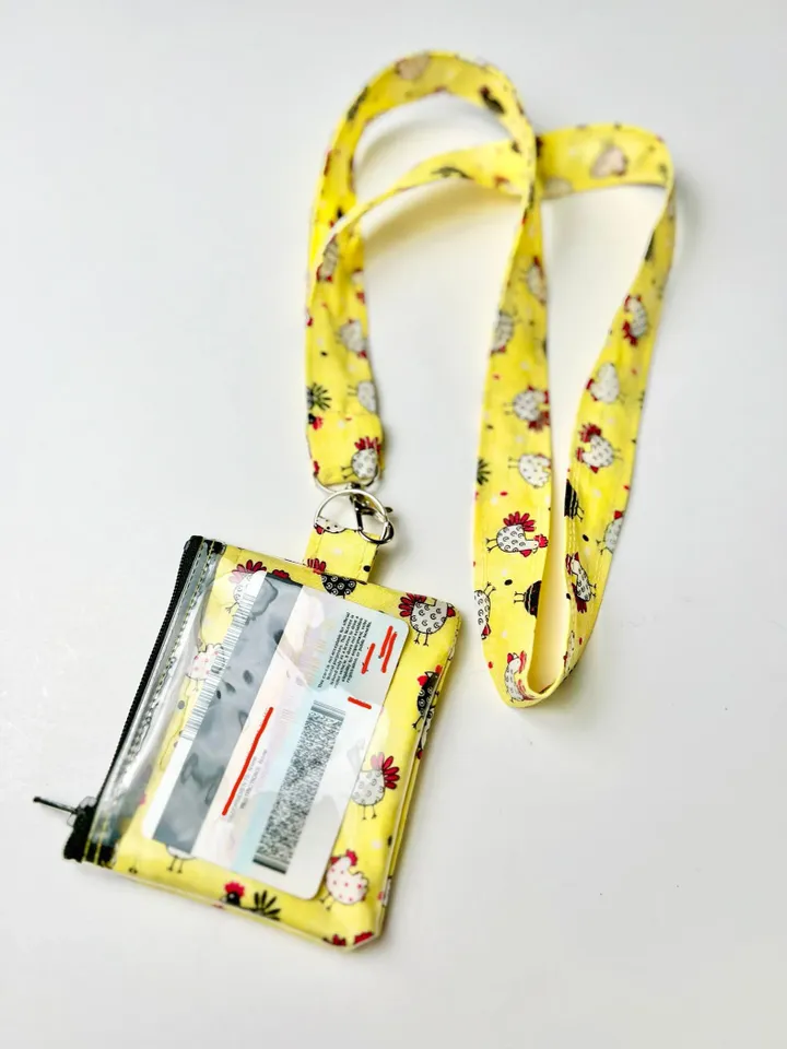 Chicken Theme ID Holder, Fabric Lanyard, Handmade Badge Holder, Zipper Pouch Keychain