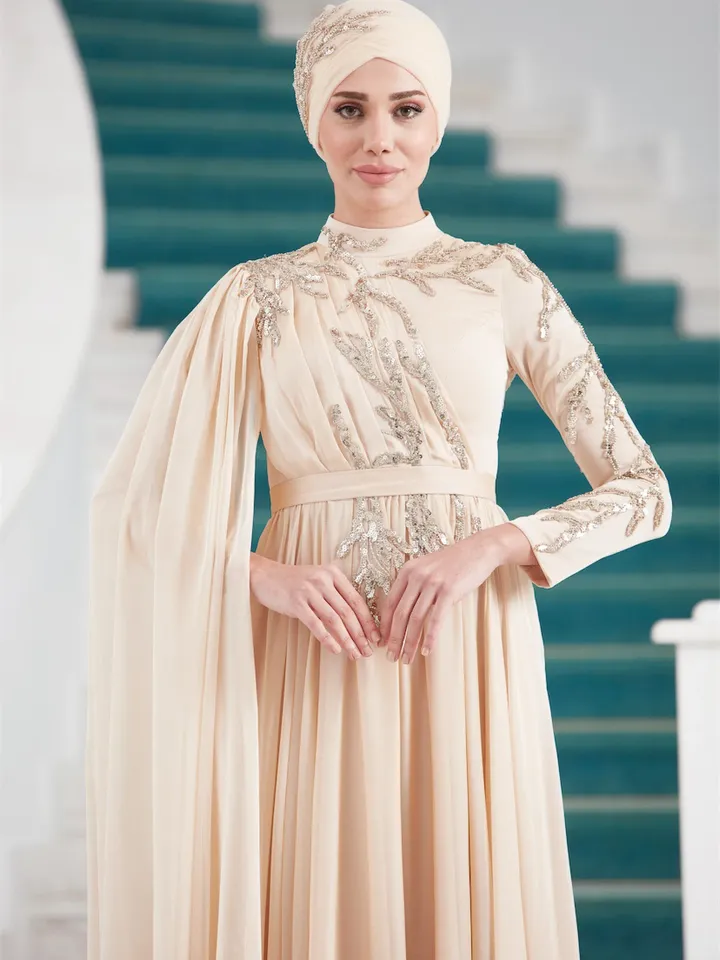 AHUNARE HIJAB - Vera  Cream Chiffon Wedding Dress, Muslim Evening Gown, Nikah, Islamic Wedding, Engagement, Bridesmaid,