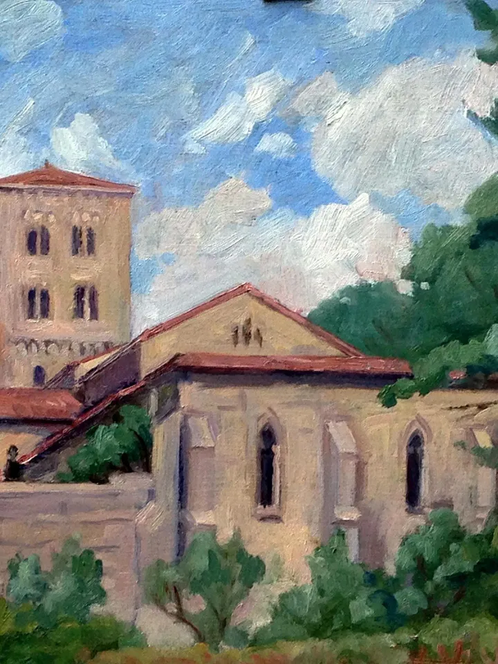 Original New York Landscape Painting -The Cloisters/Fort Tryon Park/NYC- 12x18 Oil on Panel, Plein Air Impressionist Fine Art