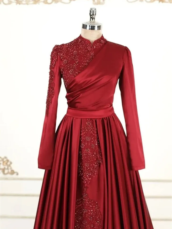 AHUNARE HIJAB - Hürrem Burgundy Embroidered Wedding Dress, Muslim Evening Gown, Nikah, Islamic Wedding, Engagement, Bridesmaid,